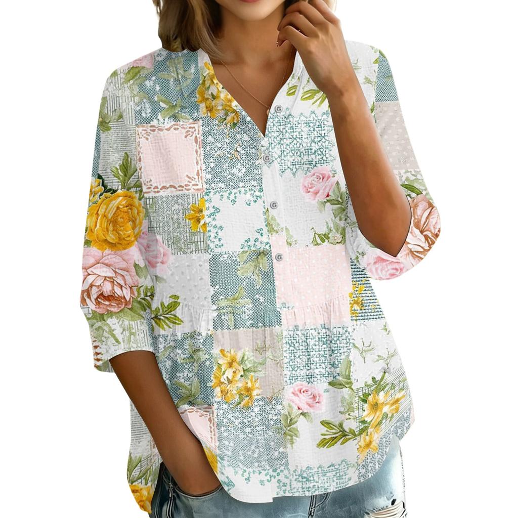 Women's Button Front Patchwork Floral Print Shirt Three Quarter Sleeve Loose Fit Blouse with Collar and V Neckline