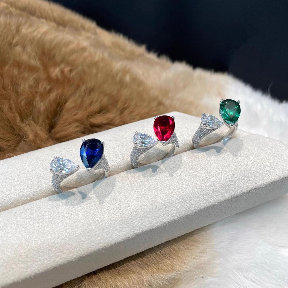 Open Ring Fashion Luxury Red Diamond Drop Shape Ring Unique Design Blue Gemstone Women Statement Ring