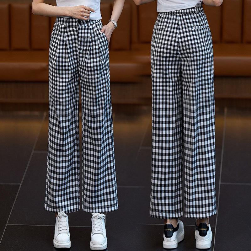 Women's Black and White Plaid Ice Silk Cropped Wide-Leg Pants - Elastic Waist, Summer Casual, Slimming, Loose Fit.