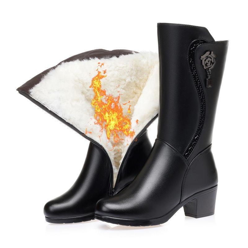 Women Winter Boots Thick Wool Warm Snow Boots Fashion Pointed End Mid-calf Leather Boots for Women Plush Cotton Boot Botas Mujer