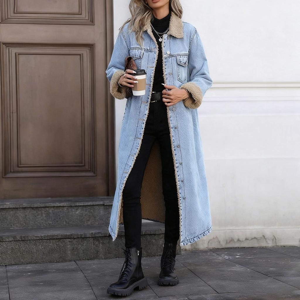Damen Modischer Lässiger Lockerer Langer Baumwollmantel mit Fleecefutter Jeansjacke