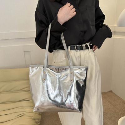Women Tote Bag Faux Leather Solid Color Shoulder Bag Glossy Casual