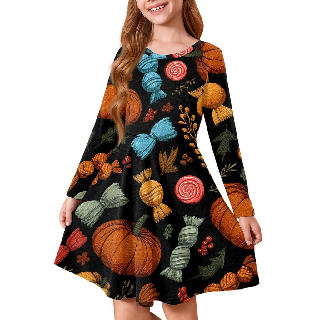 Girls' Summer Princess Dress Halloween Day- Long Sleeve A-Line T-Shirt Dress