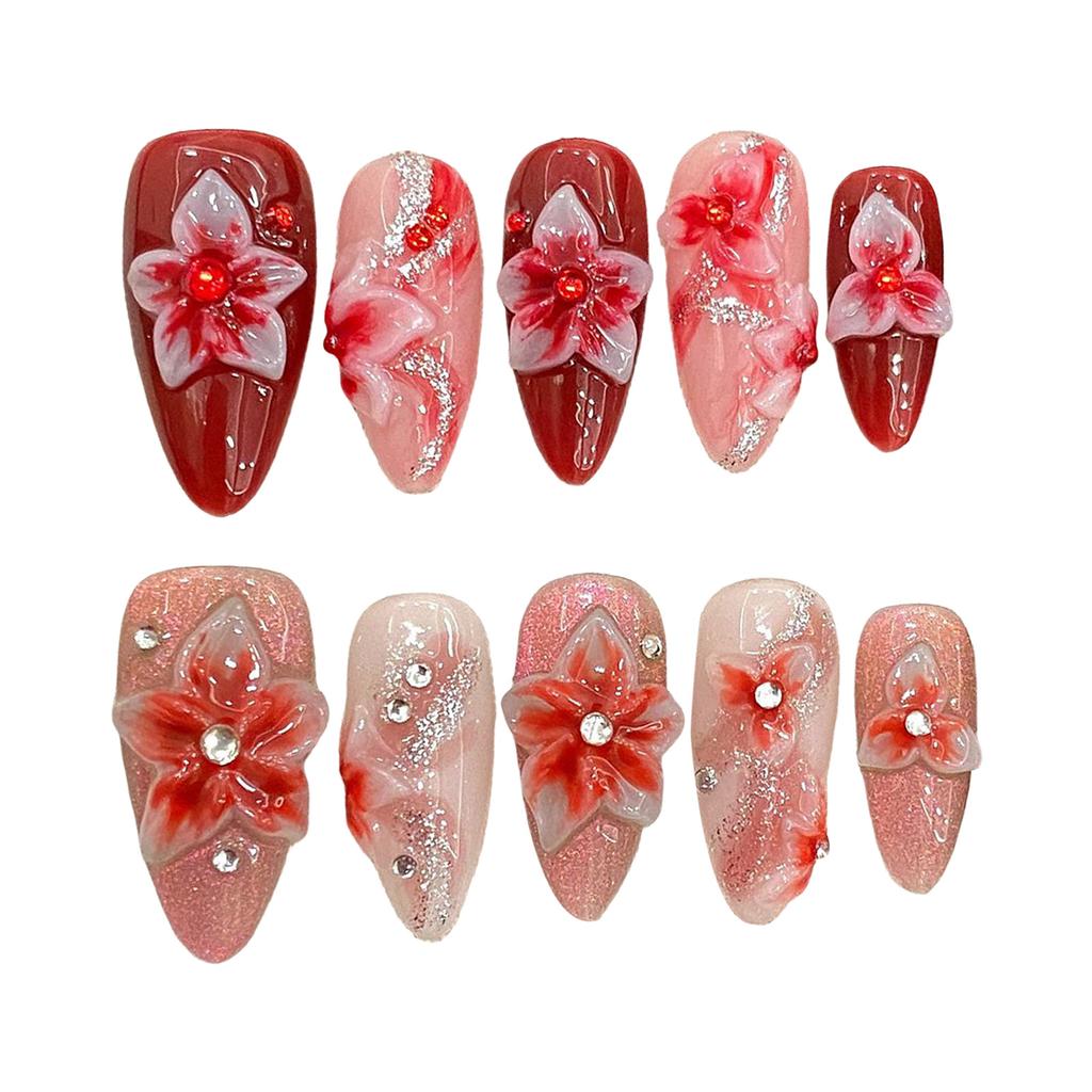 Pink Red Almond Fake Nails with Glitter Sweet & Charming Reusable False Nails for Shopping Traveling Dating