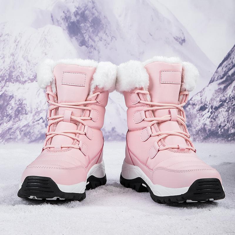 High Quality Ankle Length Cotton Snow Boots for Women Waterproof New Winter Outdoor Fur Plush Warm Walking Shoe White Pink