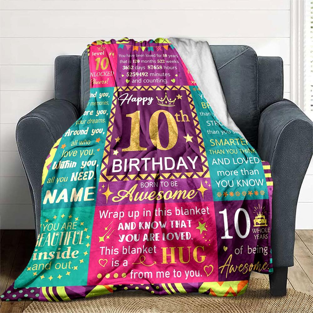 Happy 10Th Birthday Celebration Blanket Cozy Customizable Blanket Personalized Text Comfortable Texture Perfect For Sofa Couch Office Bed Picnics
