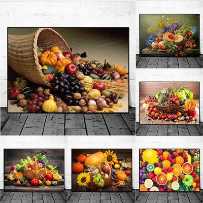 Nordische Gemüse und Früchte im Korb Poster Bunte Lebensmittel Wandkunst Leinwandbild für Esszimmer Küchen Dekoration Cuadros