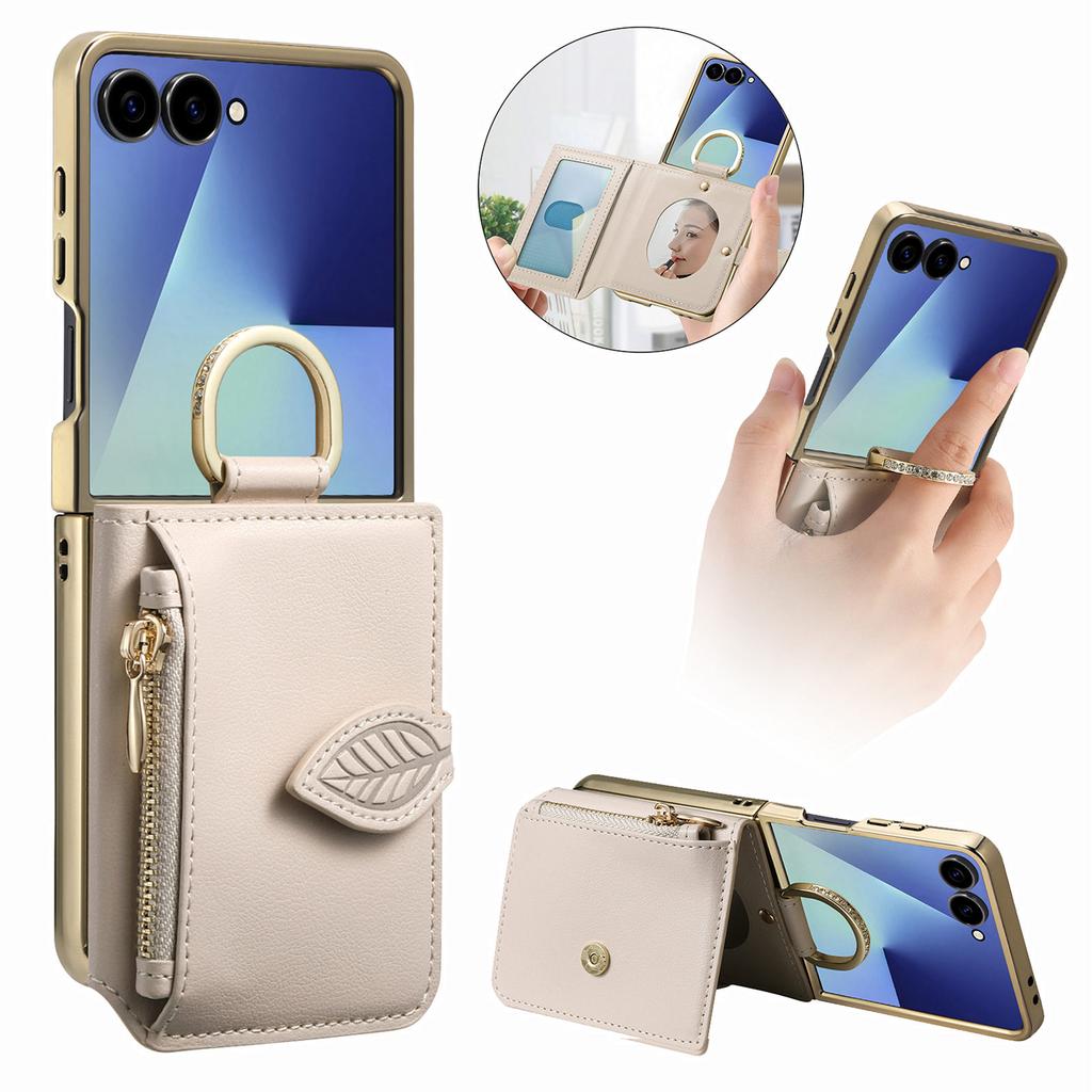 Luxury Ring Holder Zipper Cards Wallet Leather Case For Samsung Z Flip 7 6 5 4 Comfortable Grip Shockproof  Makeup Mirror Cover