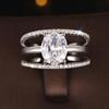 Cao Shi Luxury Four-Prong Oval Zirconia Wedding Ring Set - Three-Piece Design for Women