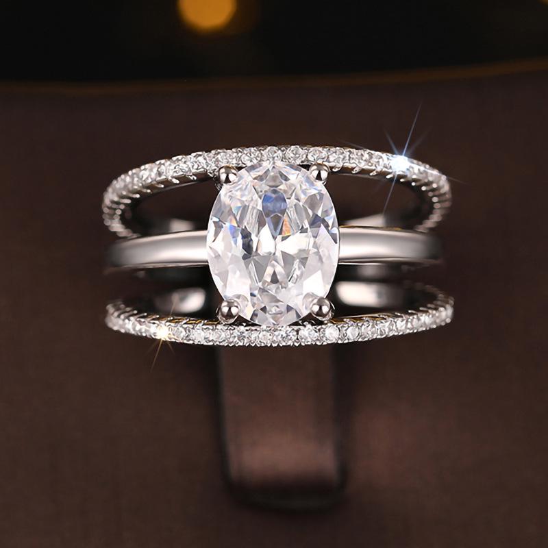 Cao Shi Luxury Four-Prong Oval Zirconia Wedding Ring Set - Three-Piece Design for Women