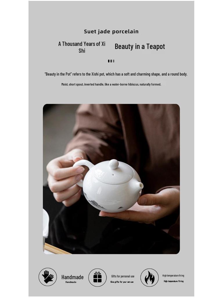 Xi Shi Jade Porcelain Teapot - Ink Wash Style Ceramic Pot for Women's Boutique Kung Fu Tea Set.