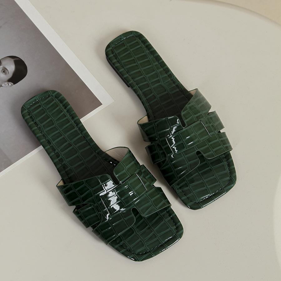 Large Size Solid Color Casual Stone Pattern Flat-bottomed Slippers 2025 New Foreign Trade Square Head One-pedal Slippers Spot