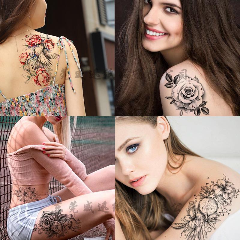 Flower Sketch Tattoo Sticker, Black And White Half Arm Tattoo Sticker, Waterproof And Sweat Proof Tattoo