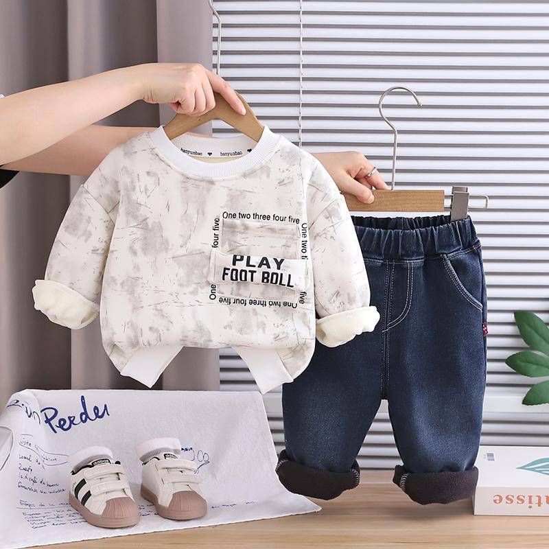 Boys' long sleeved 2-piece set, 0-5 years old Children's English printed fleece hoodie+denim pants