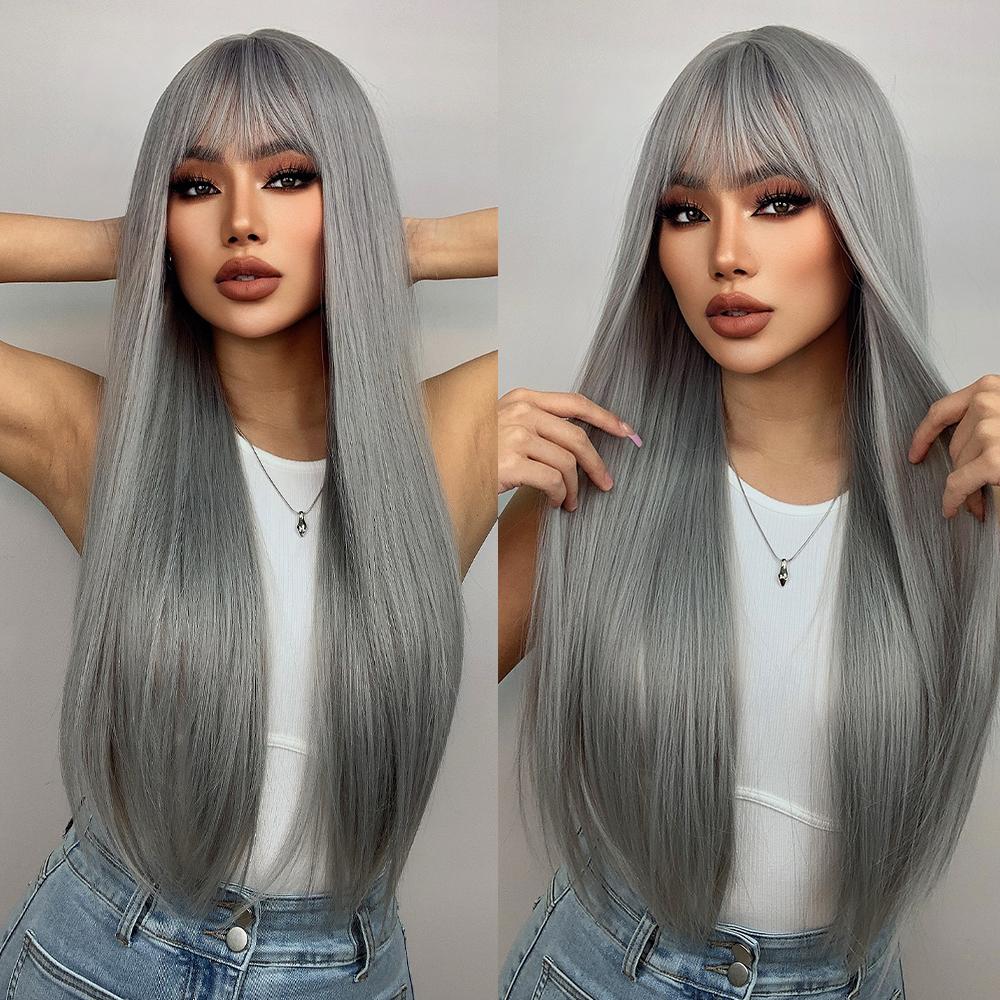 Long Straight Synthetic Wig with Bangs Dark Black Gray Hair Wigs for Women Cosplay Natural Hair Heat Resistant Layered Wigs