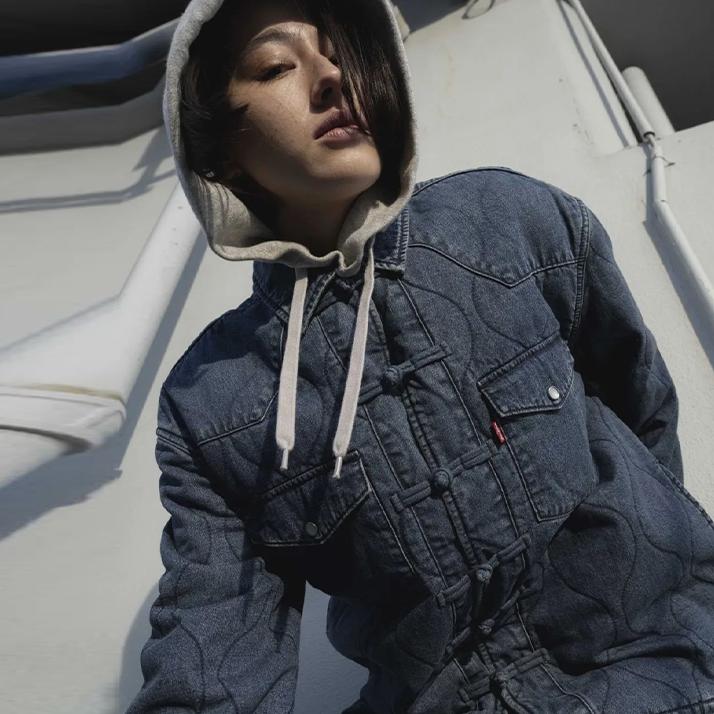 Levis Levis X CLOT Collaboration Solid Quilted Collar Long Sleeve Jacket Unisex Jacket Denim-Blue SESC230562