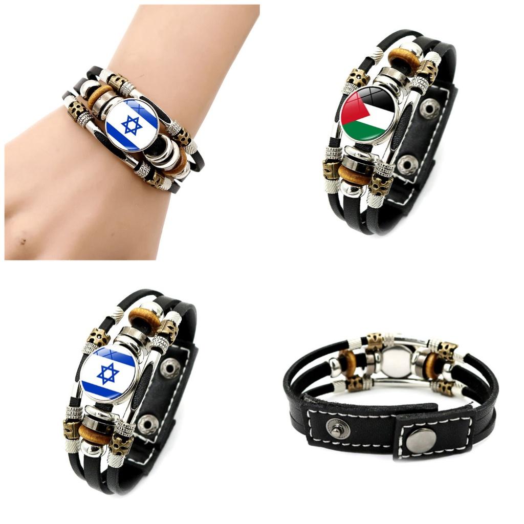 Israel Palestine Flag Pendant Leather Bracelet Handmade Men Accessory Boys Gifts