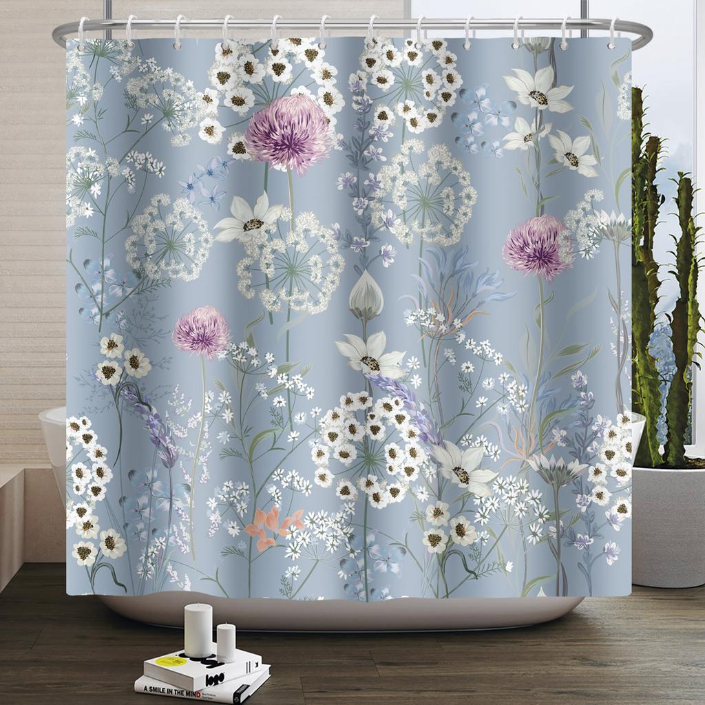 Watercolor Floral Shower Curtain Sage Green White Flower Bath Curtain For Bathroom Modern Minimalist Waterproof With 12 Hooks