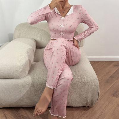 Kadın Kiraz Desenli Uzun Kollu Crop Top ve Uzun Pantolon Pijama Takımı Ev Giyimi Günlük 2 Parça Pijama Takımı