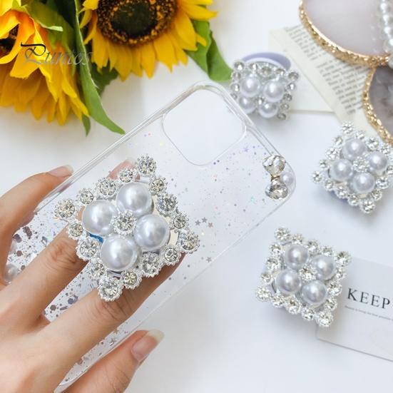 Mobile Phone Holder Telescopic Foldable Self-adhesive Anti-slip Decoration Square Rhinestone Faux Pearl Phone Folding Finger Stand for Desktop