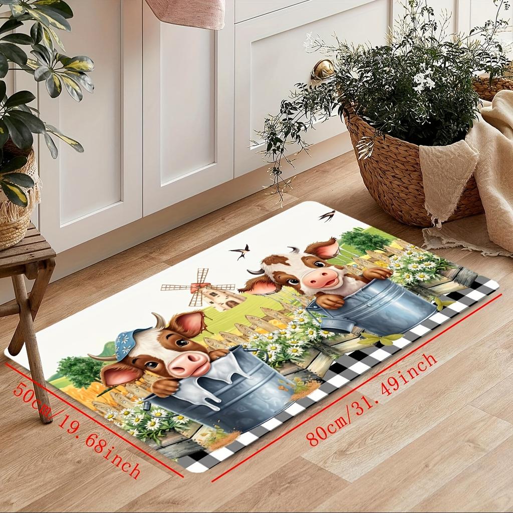 1 Stück Küchenmatte mit Aquarell-Farm, süße Kuh und Sonnenblume, bedruckt, weich, verdickt, wasserdicht, rutschfest, ölbeständig, Bodenmatte, Läufer, Teppich