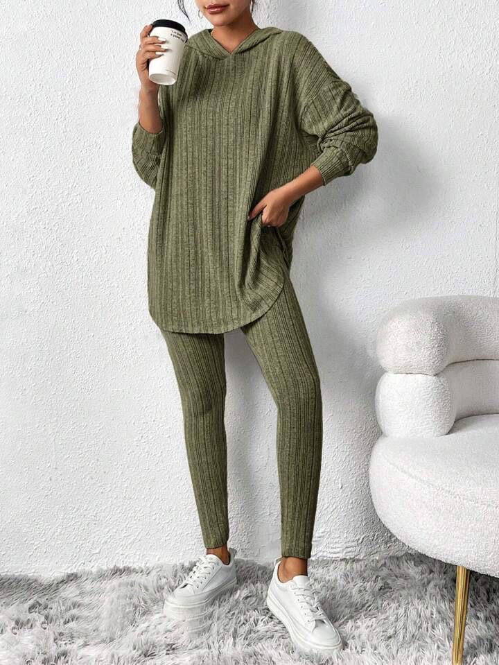Autumn/Winter 2025 Ribbed Hooded Long Sleeve Casual Women's Set