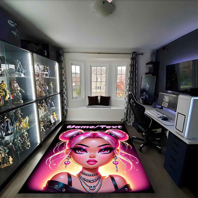 1PC Custom Name Pink Hair Fantasy Girl Theme Floor Mat Ideal for Living Room, Game Rooms, Office, Bedroom,Floor Mat Playful Design