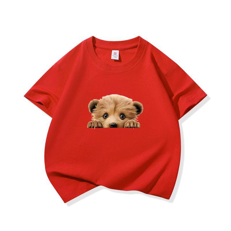 Kids Cotton T Shirt Cute Peeking Bear Cub Print Crew Neck Short Sleeve Tee Casual Breathable Boys Girls Summer Tops