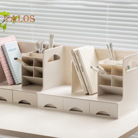 Pen Holder Bookend Large Capacity Desk Organizer with Smooth Drawer Handles Multi-Functional Storage Stationery Organizer
