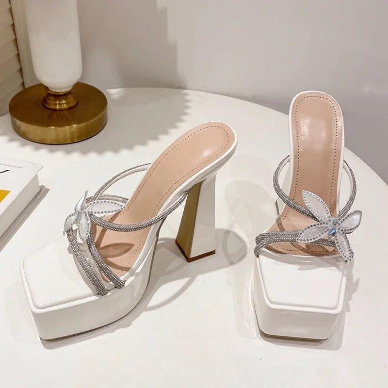 

Eilyken/Новые летние женские шлепанцы-гладиаторы с узкими ремешками и кристаллами, модный дизайн, туфли на высоком каблуке на платформе с квадратным носком 42 белый