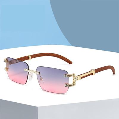 Mode Rechteck Randlose Sonnenbrille Frauen Holz Luxus Marke Designer Trendy Retro Rahmenlose Sonnenbrille UV400