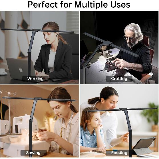 LED Desk Lamp for Home Office, 24W Eye-Caring Reading Light with Clamp, USB Charging Port, 7 Brightness 5 Color Mode, Memory Function, Auto-Off