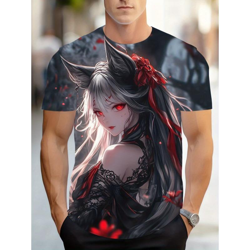 Plus Size Men s Trendy 3D Fox Girl with Red Rose 3D Crew Neck T-Shirt, Dark Anime Fox Girl Crew S