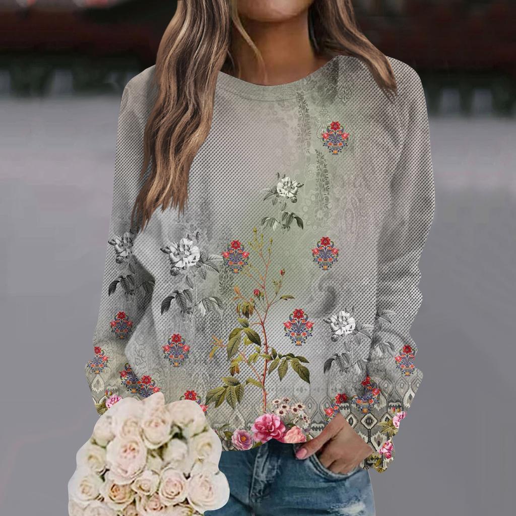 Damen Casual Fashion Blumendruck Langarm O-Ausschnitt Pullover Top Bluse
