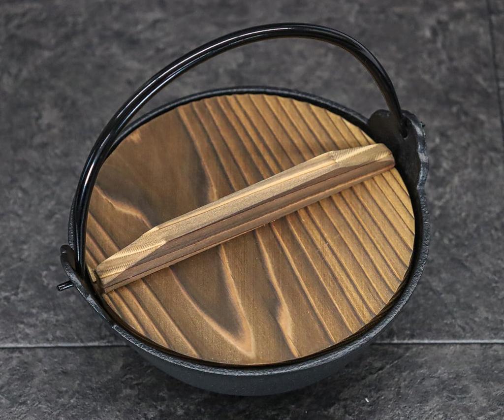 Asahi Nanbu Iron Pot, 15cm Diameter, Single Handle, with Wooden Lid (Gas and IH Compatible), Commercial Grade