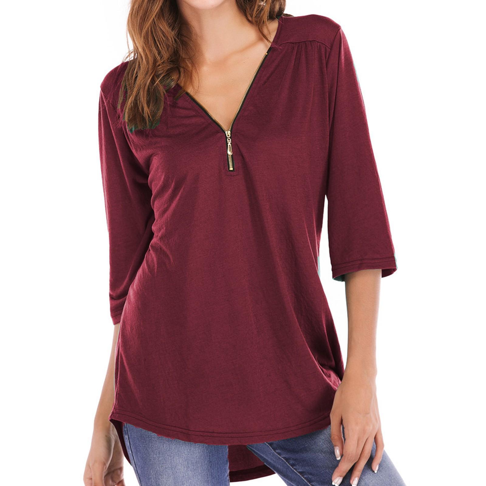 

Женская свободная удобная повседневная и модная плиссированная футболка с молнией и короткими рукавами S винный