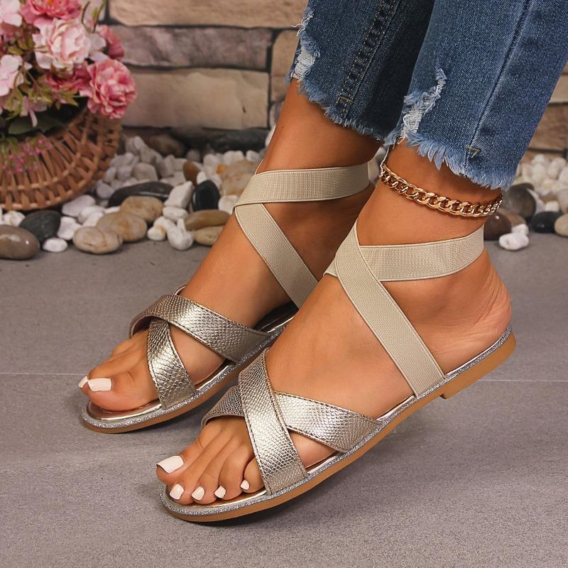 Large size new women's shoes summer cross elastic outer wear flat beach sandals