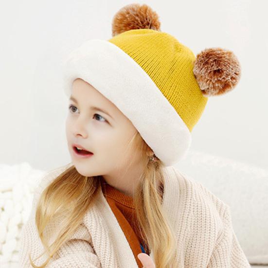 Children Hat Dual Fur Ball Decor Kids Winter Hat Breathable Thermal Cap Outdoor School Thickened Velvet Lining Headgear