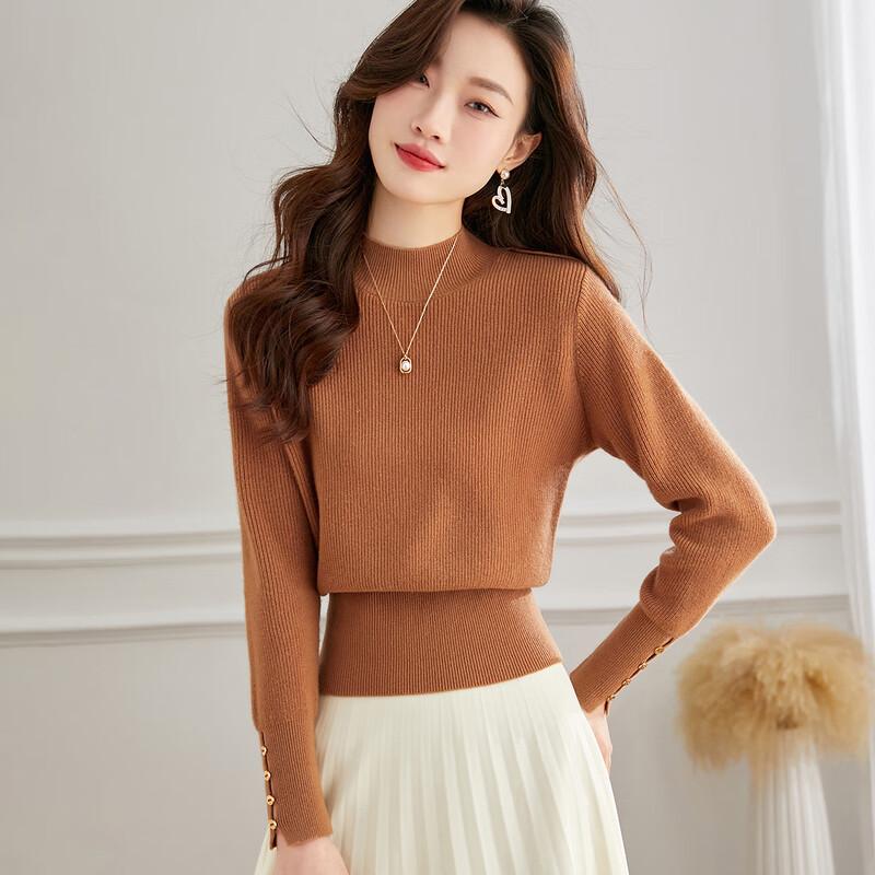 

Women s 100% Wool Semi-High Collar Short Knit Sweater M