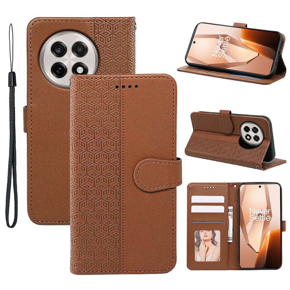 

For OnePlus 13 Case Anti Scratch Splicing Imprinted Rhombus Leather Phone Cover Brown
