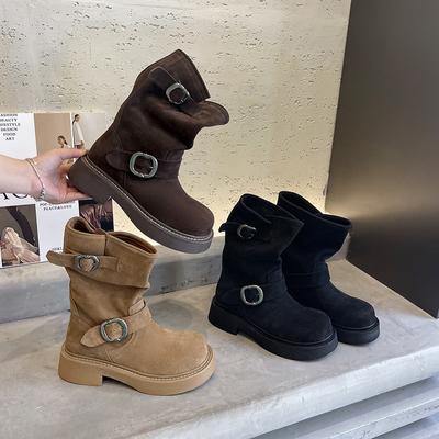 Metal Buckle Leather Martin Boots Women'S Platform Western Cowboy Boots Retro Thick Heel Locomotive Short Boots Stacking Boots