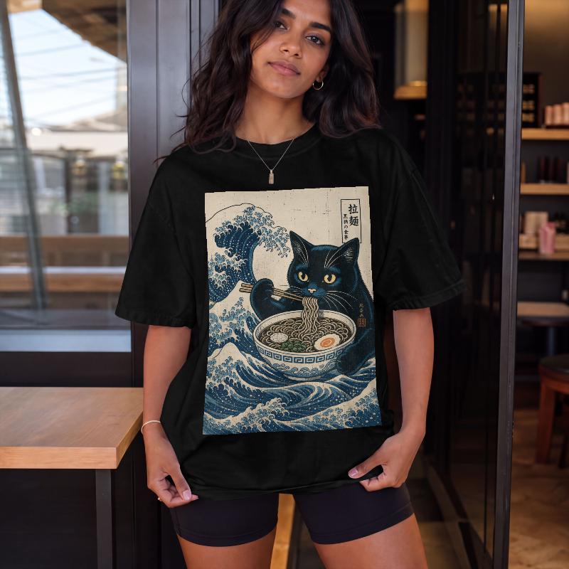Ramen T-Shirt, Black Cat Tee, Japanese Art Shirt, Cat Lover Gift, Anime Graphic Tee, Kawaii Cat Apparel