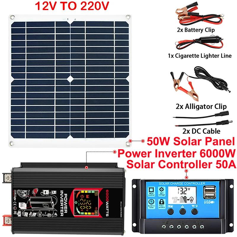 12V to 110/220V Solar Panel System 18V 50W Sola Pane+50A Controller+6000W Modified Sine Wave Inverter Kit Power Generation Kits