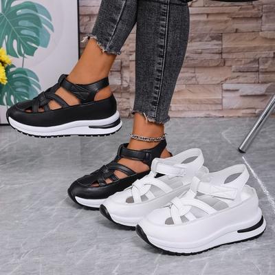 Women's Wide Width Platform Sandals, Cutout Peep-Toe Wedge Flats, Velcro Strap Breathable Shoes for Women