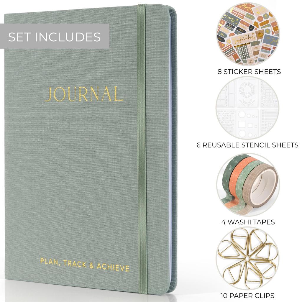 ZICOTO Ultimatives Journaling-Kit Journal-Notizbuch mit Leinen-Hardcover und gepunkteten Bullet-Checklisten-Zubehör wie Washi-Papier und -Seiten, Schablonen,