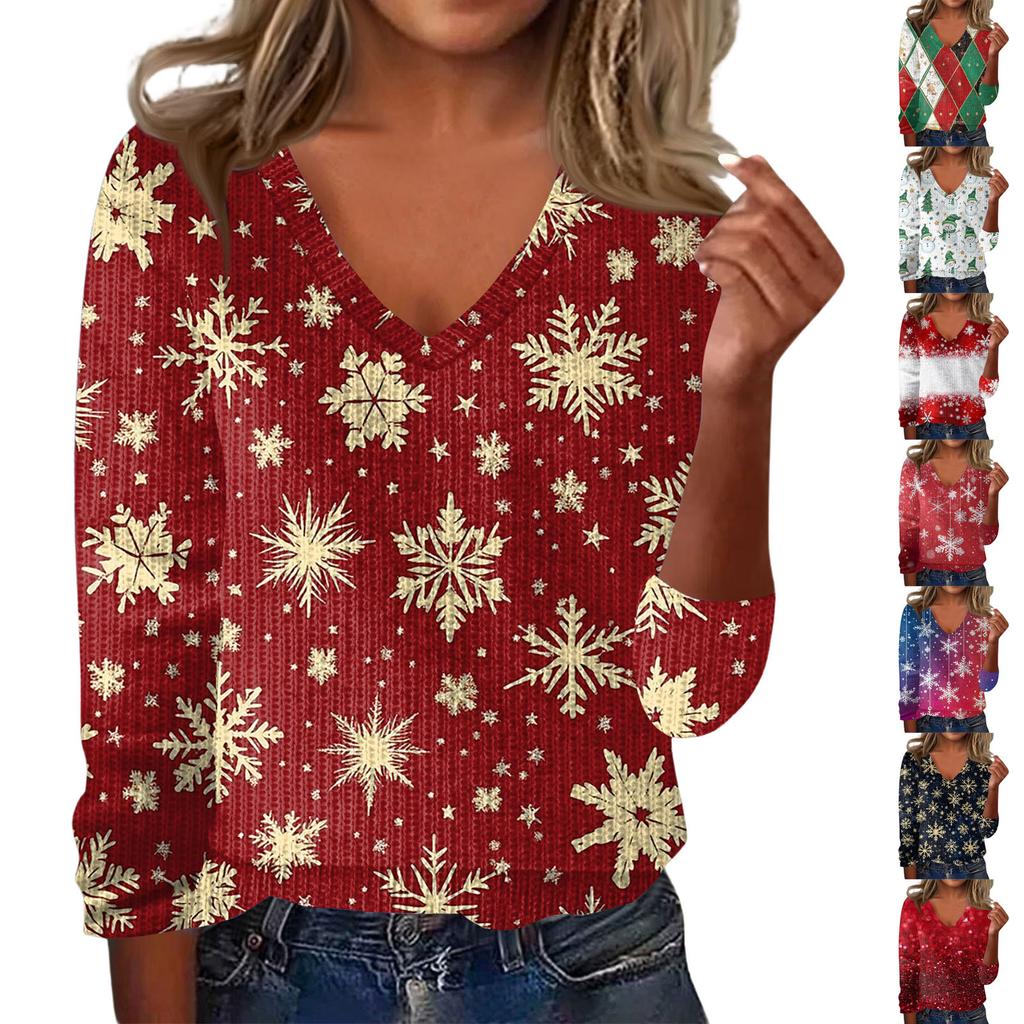 Women's Cute Sweatshirt Knitted Fashion Casual V-neck Long-sleeved Cozy Print Top