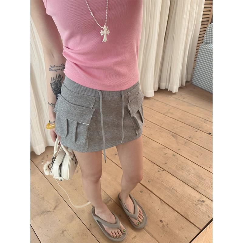 

2025 Summer Korean Gray A-line Skirt with Pockets - Elastic Waist Sports Casual XL (120-130 jin) серый