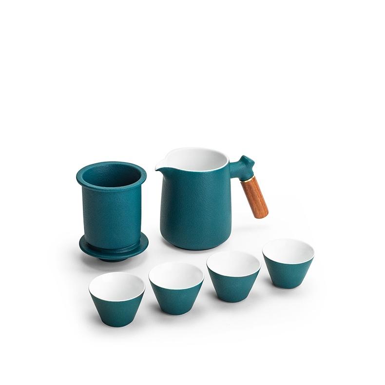 Ceramic Quick Tea Set with One Pot and Four Cups, Wooden Handle Teapot, Portable Bag