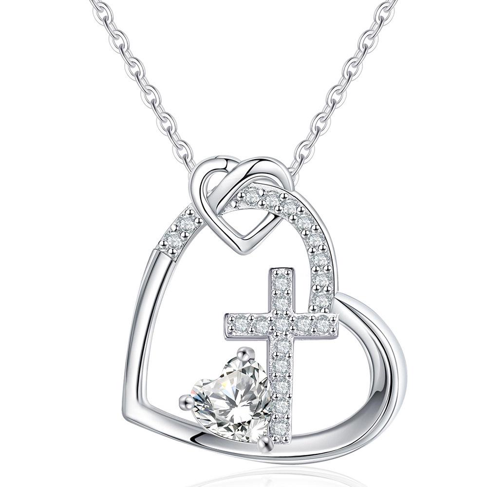 Heart Cross Pendant Birthstone Necklace: European & American Fashion Jewelry Gift
