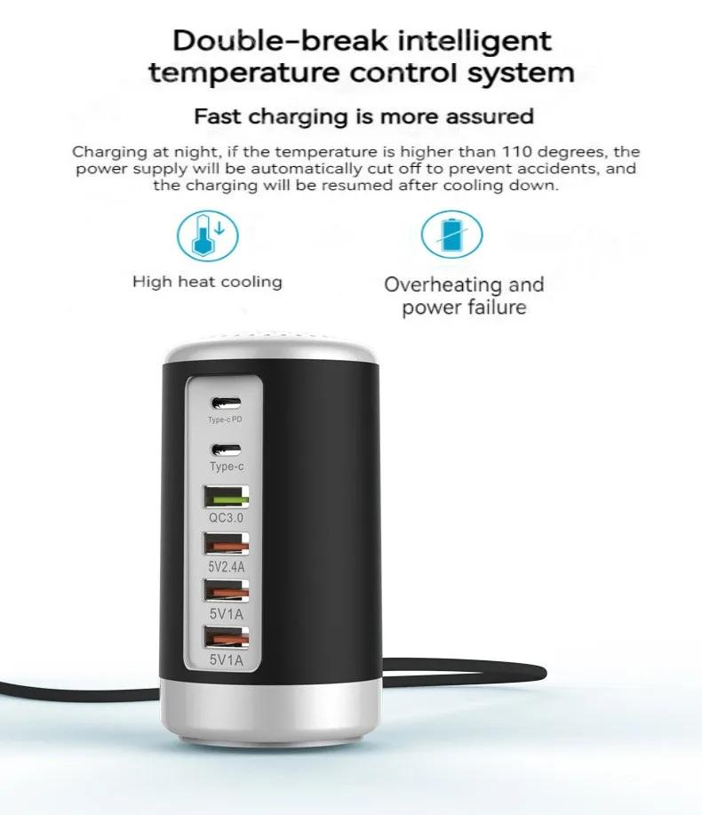 Multi-Port Charger 65W USB TYPE-C QC3.0 Fast Charging Station Charger Hub 6-Port Desktop Base Charger For Mobile Phone Black